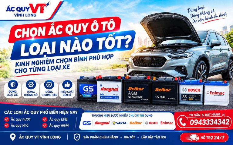 Chọn ắc quy ô tô loại nào tốt? Tìm hiểu cách chọn bình phù hợp theo Ah, CCA, kích thước, AGM, EFB và thương hiệu phổ biến.