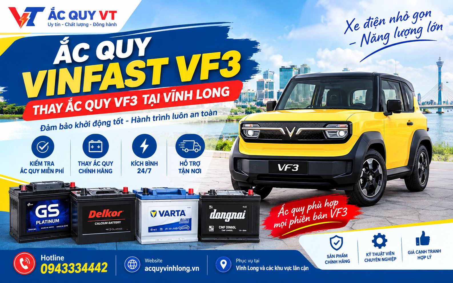 Ắc quy VinFast xe VF3 tại Vĩnh Long. Kiểm tra, thay ắc quy VF3, kích bình khi xe hết điện. Liên hệ Ắc quy VT – Hotline 0943334342